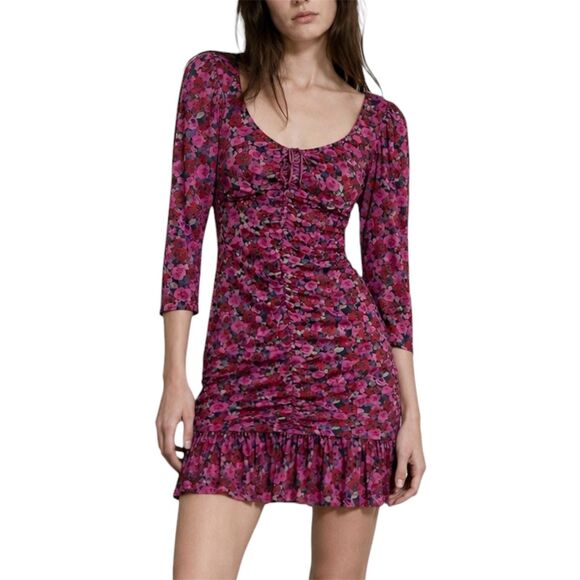 Ganni Dresses & Skirts - Ganni Floral Mesh Ruched Mini Dress Fiji Flower Pink Red Size EU 42 / M NWT